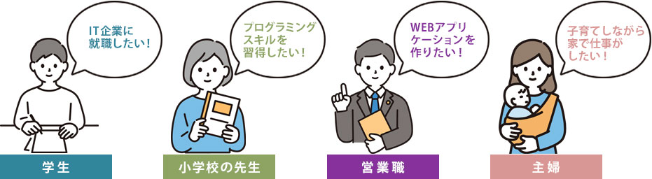 【学生】IT企業に就職したい！【小学校の先生】プログラミングスキルを習得したい！【営業職】WEBアプリケーションを作りたい！【主婦】子育てしながら家で仕事がしたい！