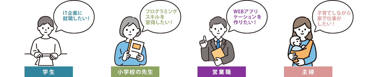 【学生】IT企業に就職したい！【小学校の先生】プログラミングスキルを習得したい！【営業職】WEBアプリケーションを作りたい！【主婦】子育てしながら家で仕事がしたい！